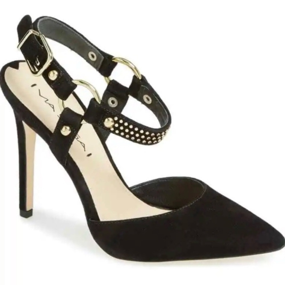 VIA SPIGA V-Flo Black Suede Strappy Pointy Pump Gold Buckle BDSM Stilettos